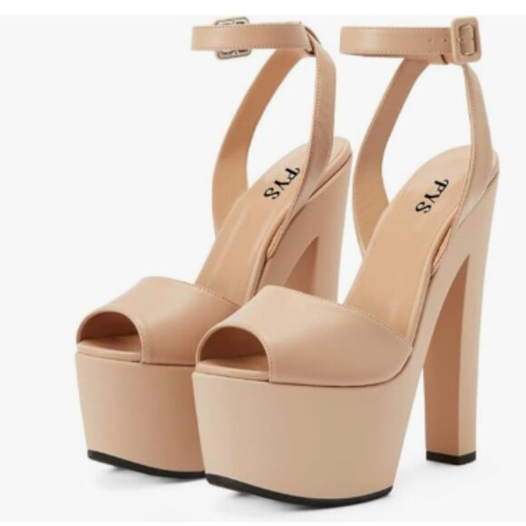 FYS Beige Peep Toe Platform Sandals Cross Ankle Strap Chunky High Heels Shoes - Picture 1 of 8